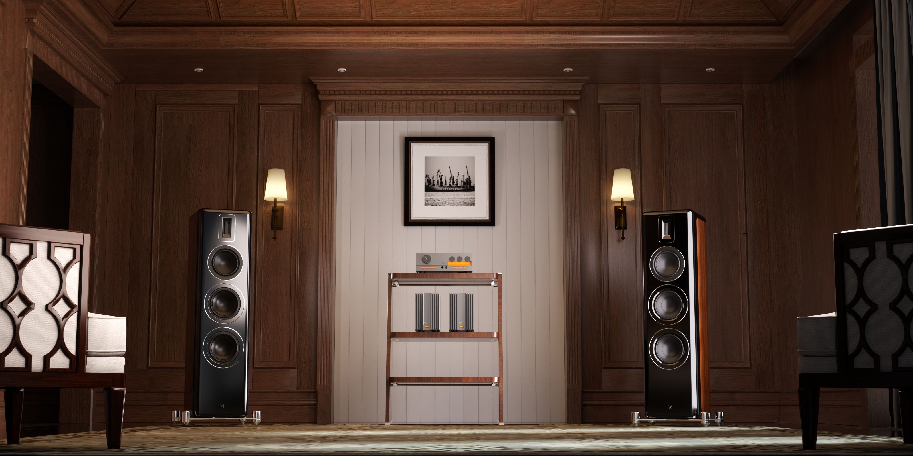 Vintage- und High-End-HiFi-Anlage mit Standlautsprechern und Verstärker-Rack in einem holzvertäfelten Hörraum